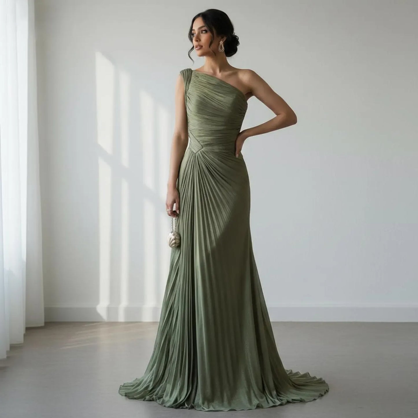 Stylish Mermaid One-Shoulder Pleated Satin Sage Green Floor-Length Prom Dress