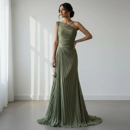 Stylish Mermaid One-Shoulder Pleated Satin Sage Green Floor-Length Prom Dress