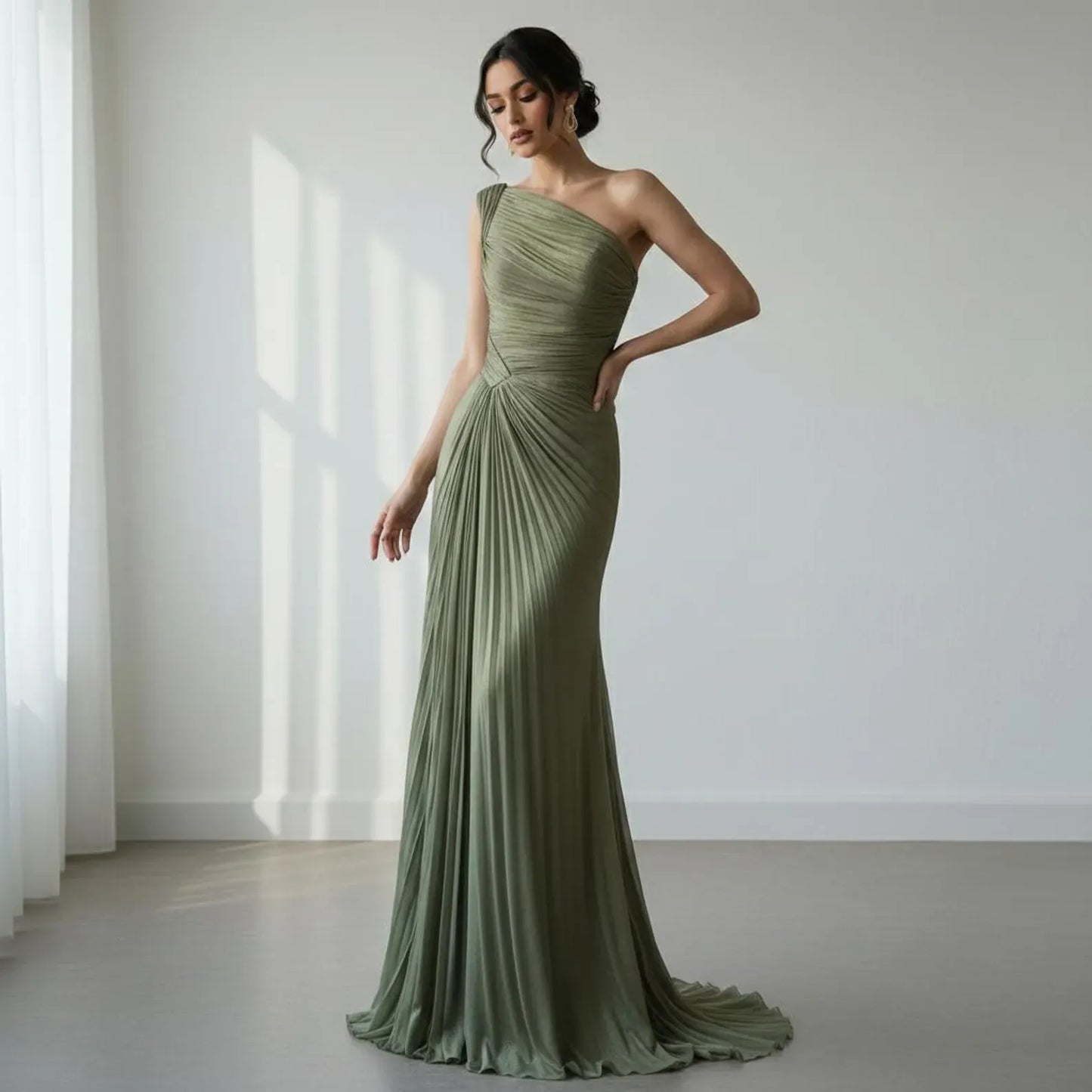 Stylish Mermaid One-Shoulder Pleated Satin Sage Green Floor-Length Prom Dress