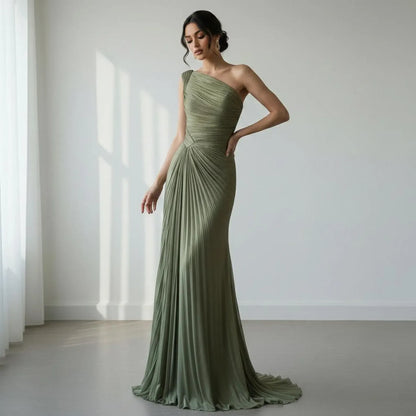 Stylish Mermaid One-Shoulder Pleated Satin Sage Green Floor-Length Prom Dress