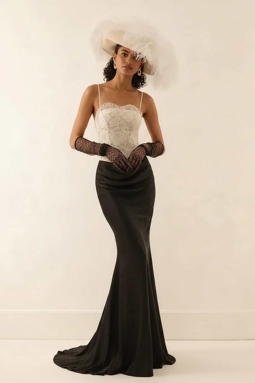 Elegant Mermaid Sweetheart Lace-Top Black Satin Prom Dress with Train