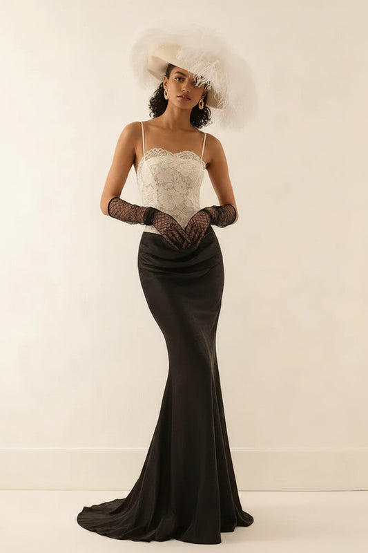 Stylish Mermaid Spaghetti Strap Lace-Top Satin Black Prom Dress With Train