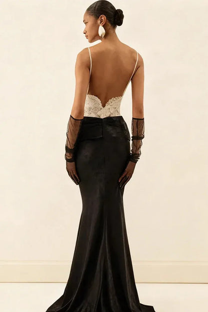 Elegant Mermaid Sweetheart Lace-Top Black Satin Prom Dress with Train