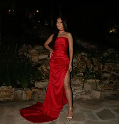 Stylish Mermaid Strapless Sleeveless Slit Satin Floor-Length Prom Dress