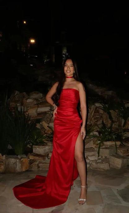 Stylish Mermaid Strapless Sleeveless Slit Satin Floor-Length Prom Dress