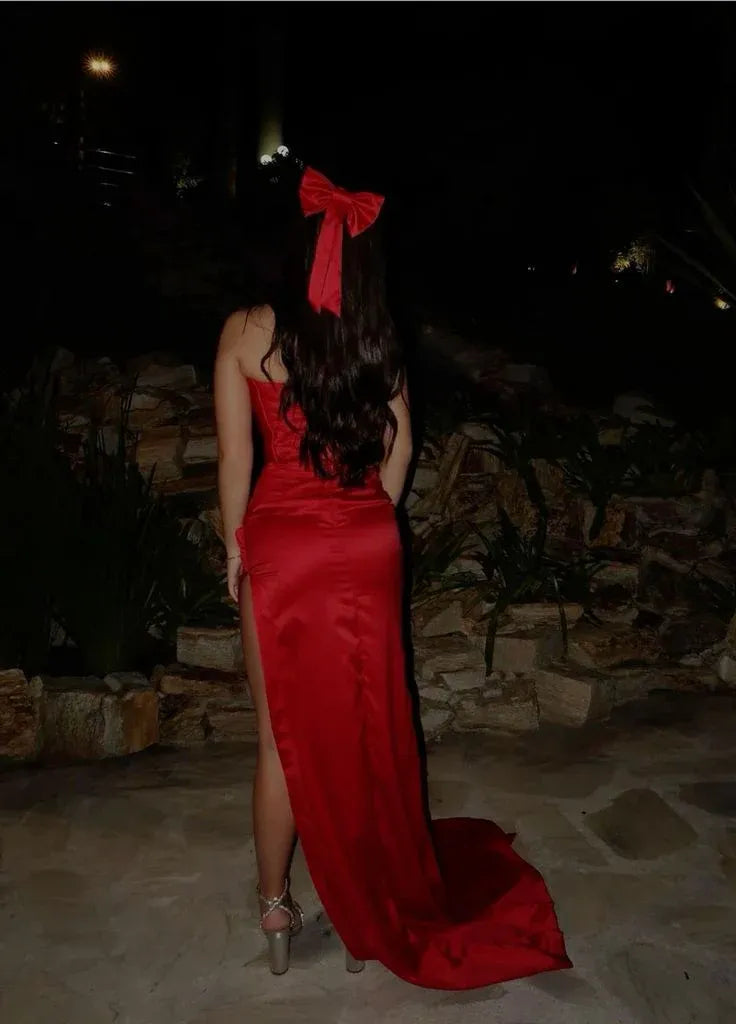 Stylish Mermaid Strapless Sleeveless Slit Satin Floor-Length Prom Dress