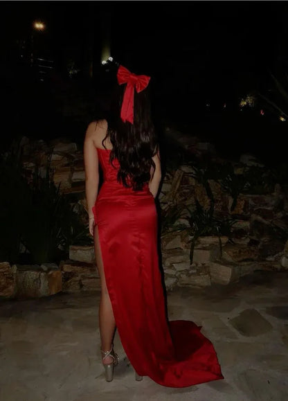 Stylish Mermaid Strapless Sleeveless Slit Satin Floor-Length Prom Dress