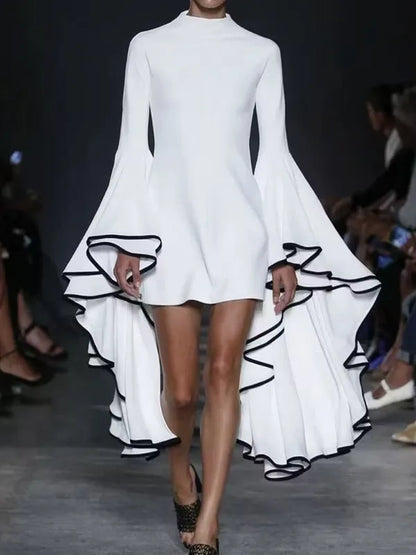Stylish Sheath High-Neck Flared Sleeves Contrast Trim White Mini Homecoming Dress