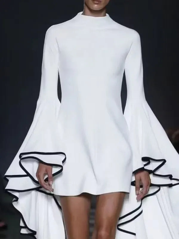 Stylish Sheath High-Neck Flared Sleeves Contrast Trim White Mini Homecoming Dress