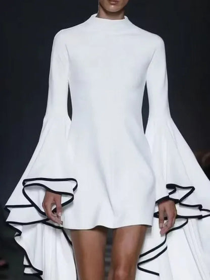 Stylish Sheath High-Neck Flared Sleeves Contrast Trim White Mini Homecoming Dress