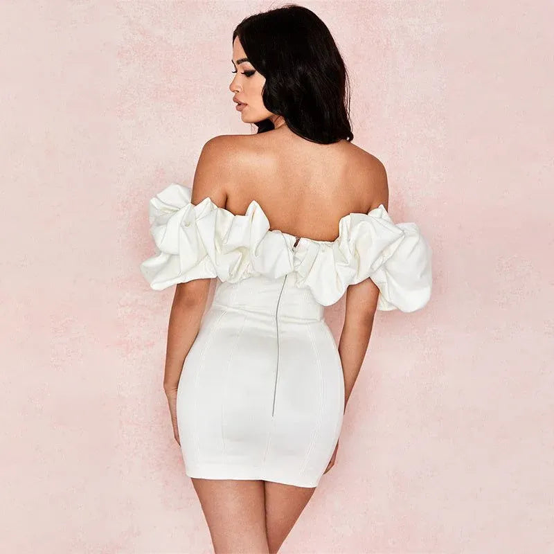 Stylish Sheath Off-The-Shoulder Corset Ruffle Satin White Short Homecoming Dress