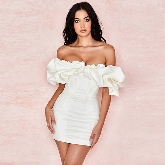 Stylish Sheath Off-The-Shoulder Corset Ruffle Satin White Short Homecoming Dress