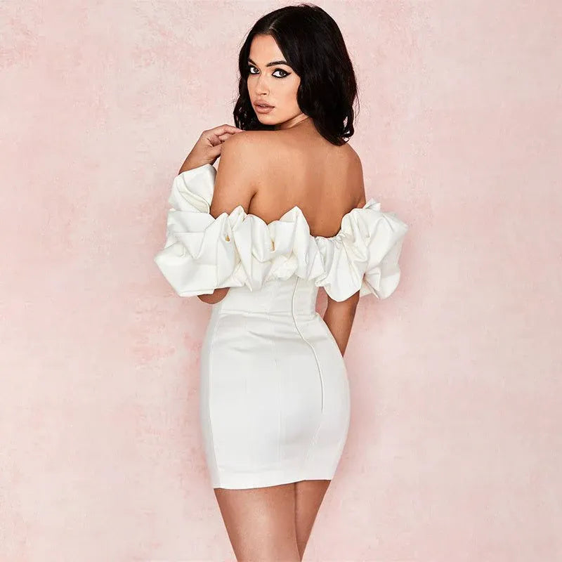 Stylish Sheath Off-The-Shoulder Corset Ruffle Satin White Short Homecoming Dress
