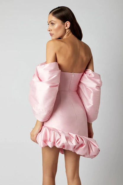 Elegant Sheath Off-Shoulder Puff Sleeve Ruffle Hem Pink Short Homecoming Dress for Women