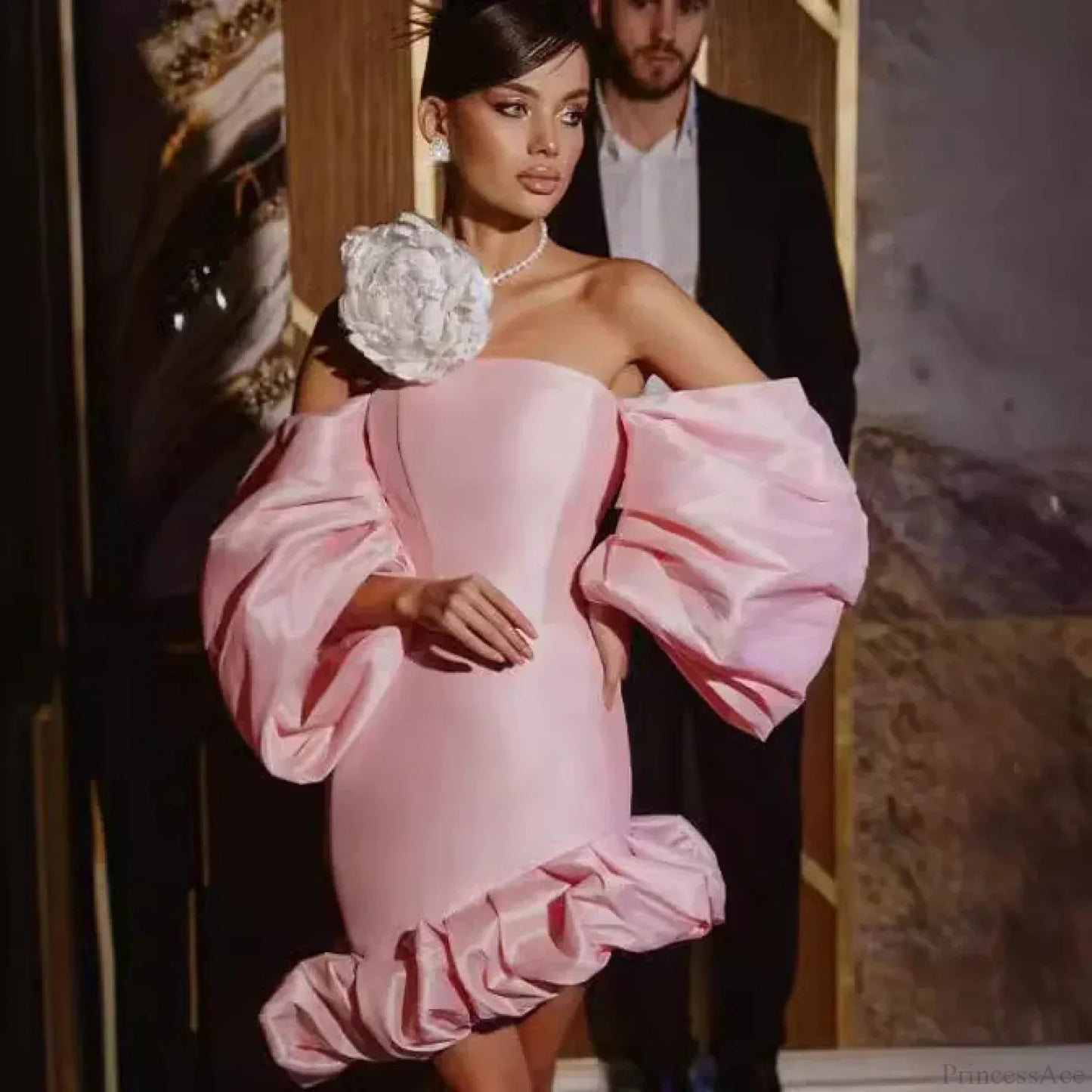 Elegant Sheath Off-Shoulder Puff Sleeve Ruffle Hem Pink Short Homecoming Dress for Women