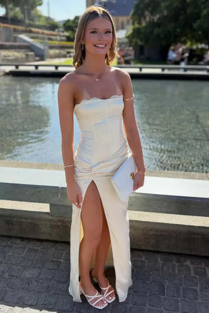 Stylish Sheath Strapless Sleeveless Satin High Slit Floor-Length Prom Dress
