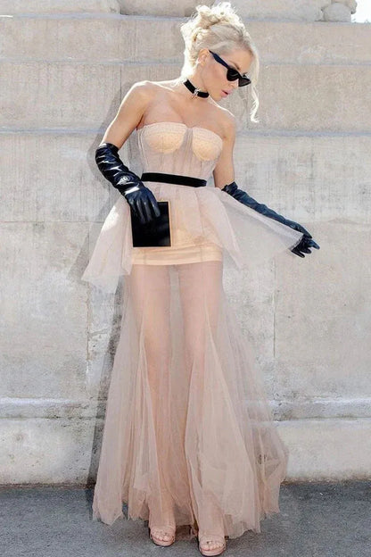Stylish Strapless Corset Ruffle Sheer Dotted Mesh Nude Floor-Length Prom Dress