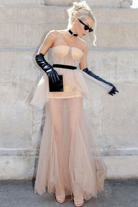 Stylish Strapless Corset Ruffle Sheer Dotted Mesh Nude Floor-Length Prom Dress