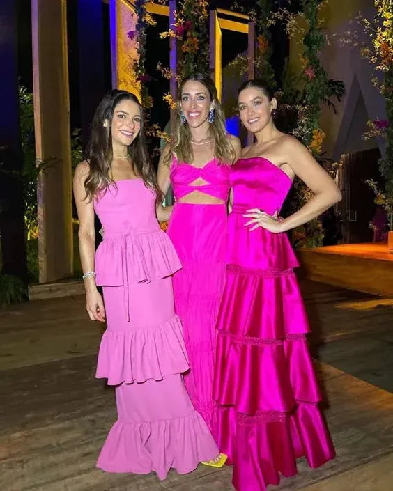 Stylish Strapless Sleeveless A Line Tiered Satin Long Prom Dress