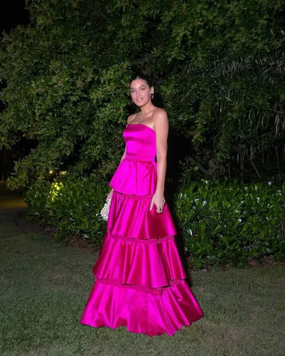 Stylish Strapless Sleeveless A Line Tiered Satin Long Prom Dress