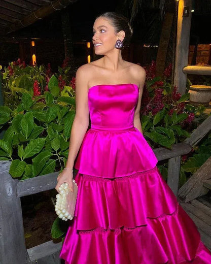 Stylish Strapless Sleeveless A Line Tiered Satin Long Prom Dress