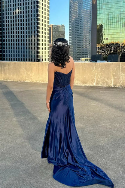 Stylish Sweetheart Sleeveless Mermaid Satin Split Sweep Train Prom Dress