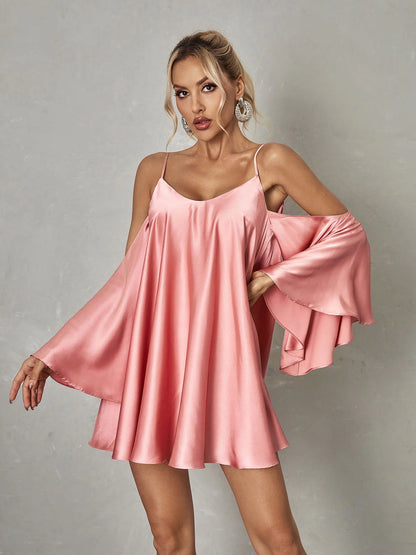 Stylish A-Line Cold Shoulder Bell Sleeve Satin Pink Mini Homecoming Dress