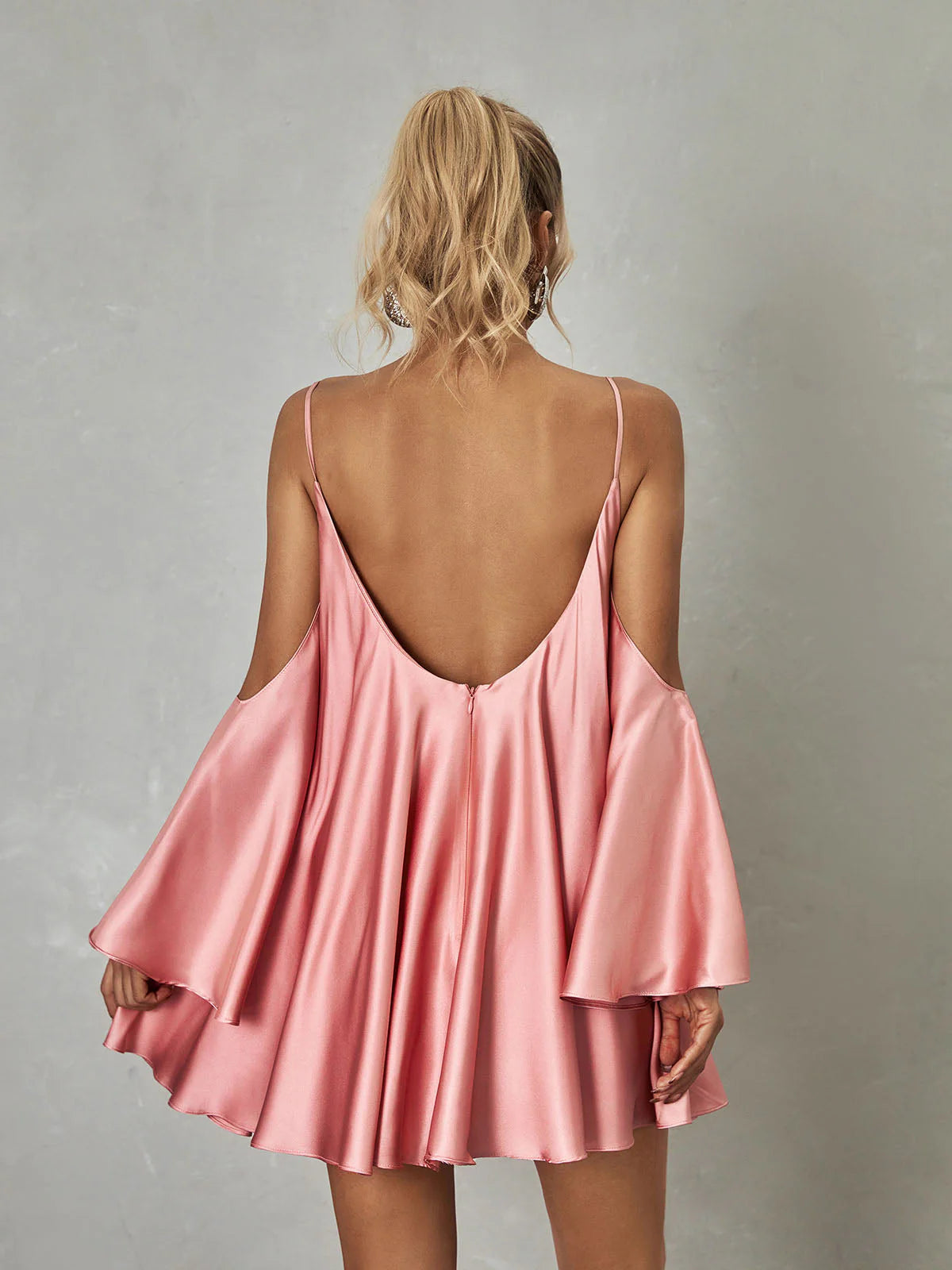 Stylish A-Line Cold Shoulder Bell Sleeve Satin Pink Mini Homecoming Dress