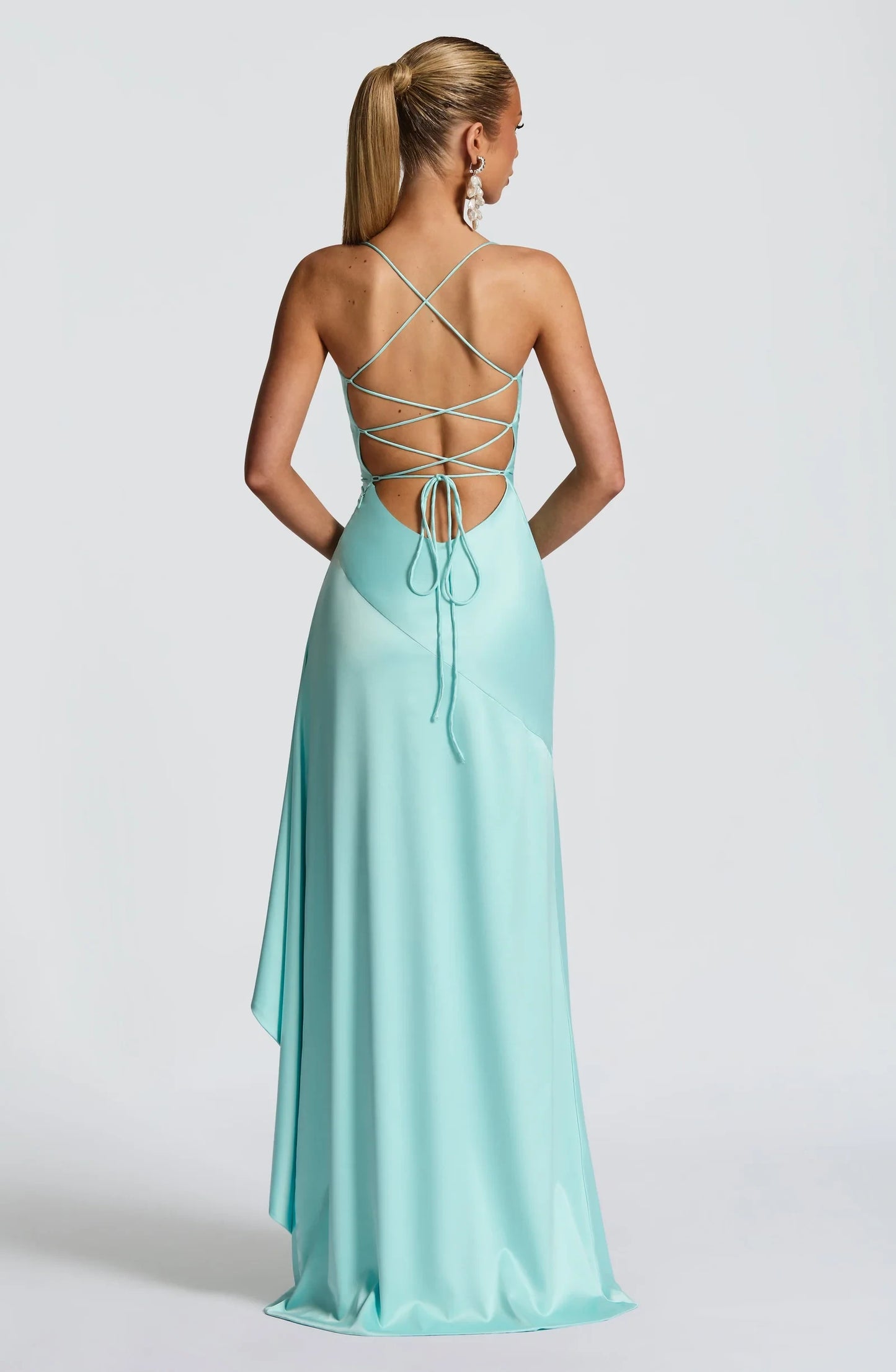 Stylish A-Line Cowl Neck Backless Ruffled Satin Aqua Floor-Length Prom Dress