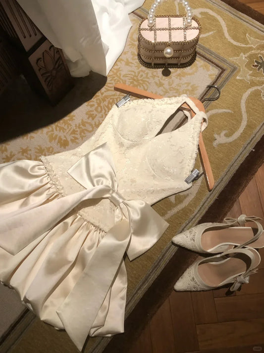 Stylish A-Line Halter Bow-Accent Lace Satin Ivory Mini Homecoming Dresses