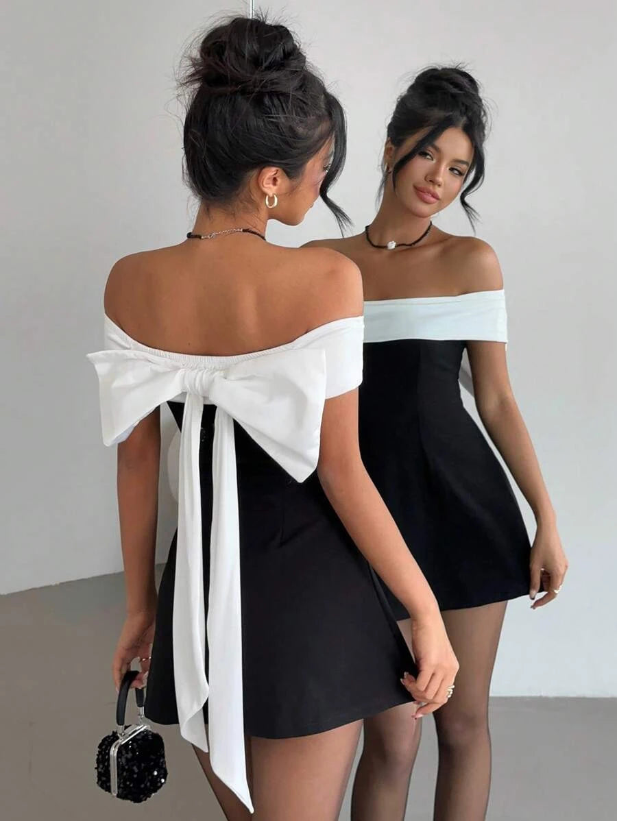 Stylish A-Line Off-Shoulder Bow Contrast Black White Mini Homecoming Dress
