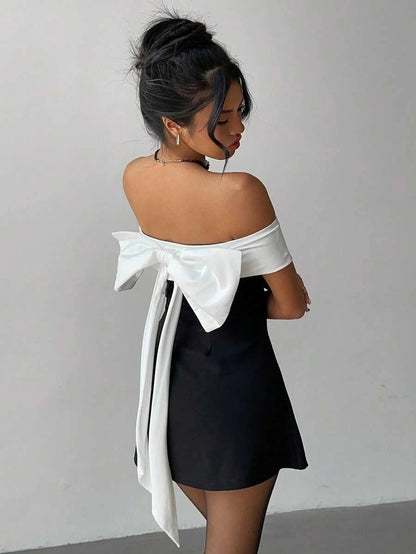 Stylish A-Line Off-Shoulder Bow Contrast Black White Mini Homecoming Dress