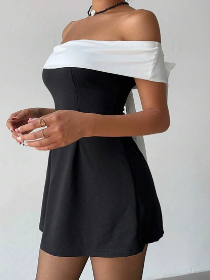 Stylish A-Line Off-Shoulder Bow Contrast Black White Mini Homecoming Dress
