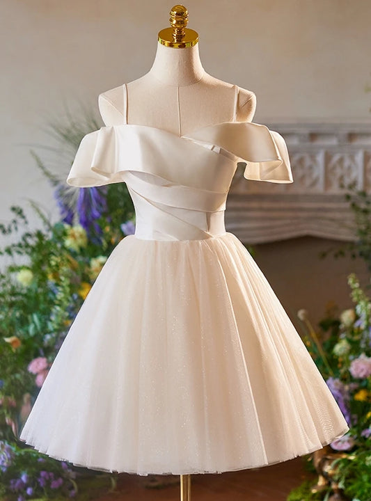 Stylish A-Line Off-Shoulder Pleats Glitter Tulle Ivory Short Homecoming Dresses