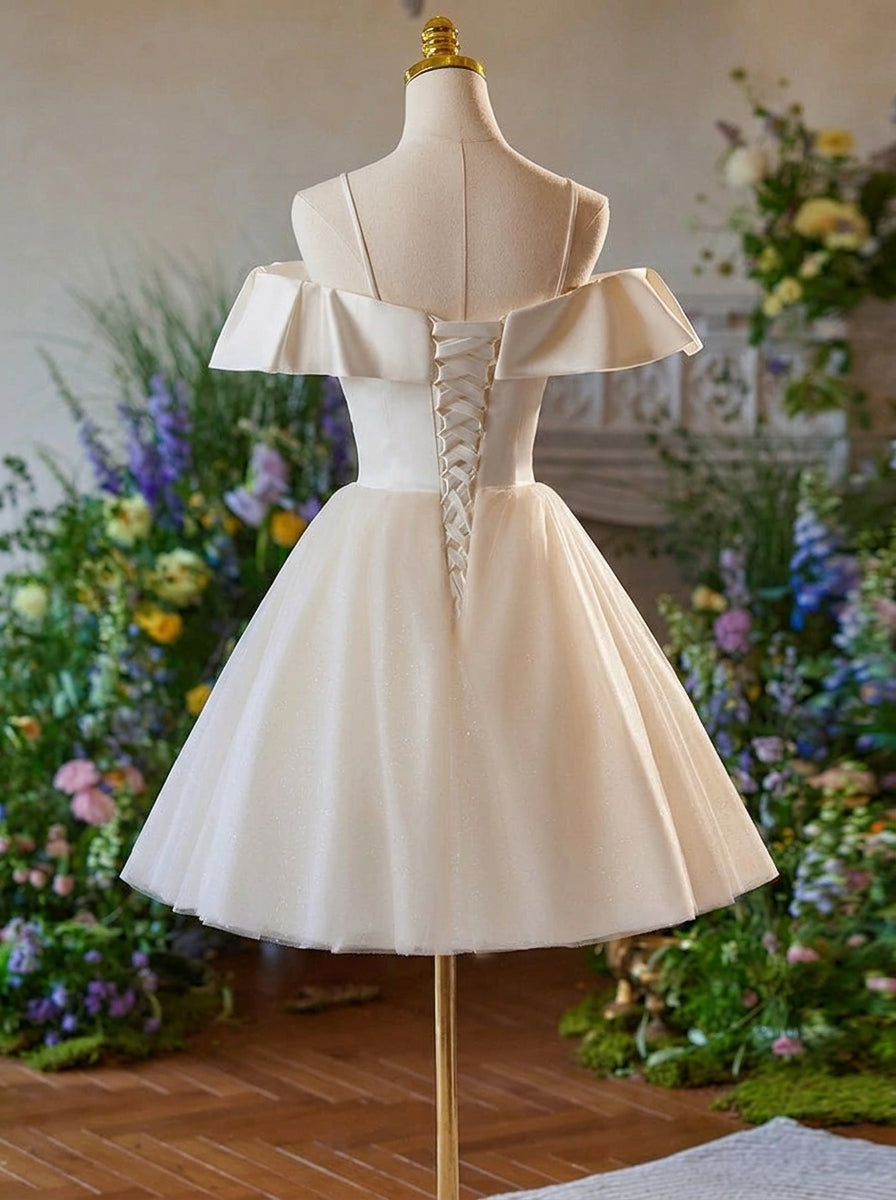 Stylish A-Line Off-Shoulder Pleats Glitter Tulle Ivory Short Homecoming Dresses