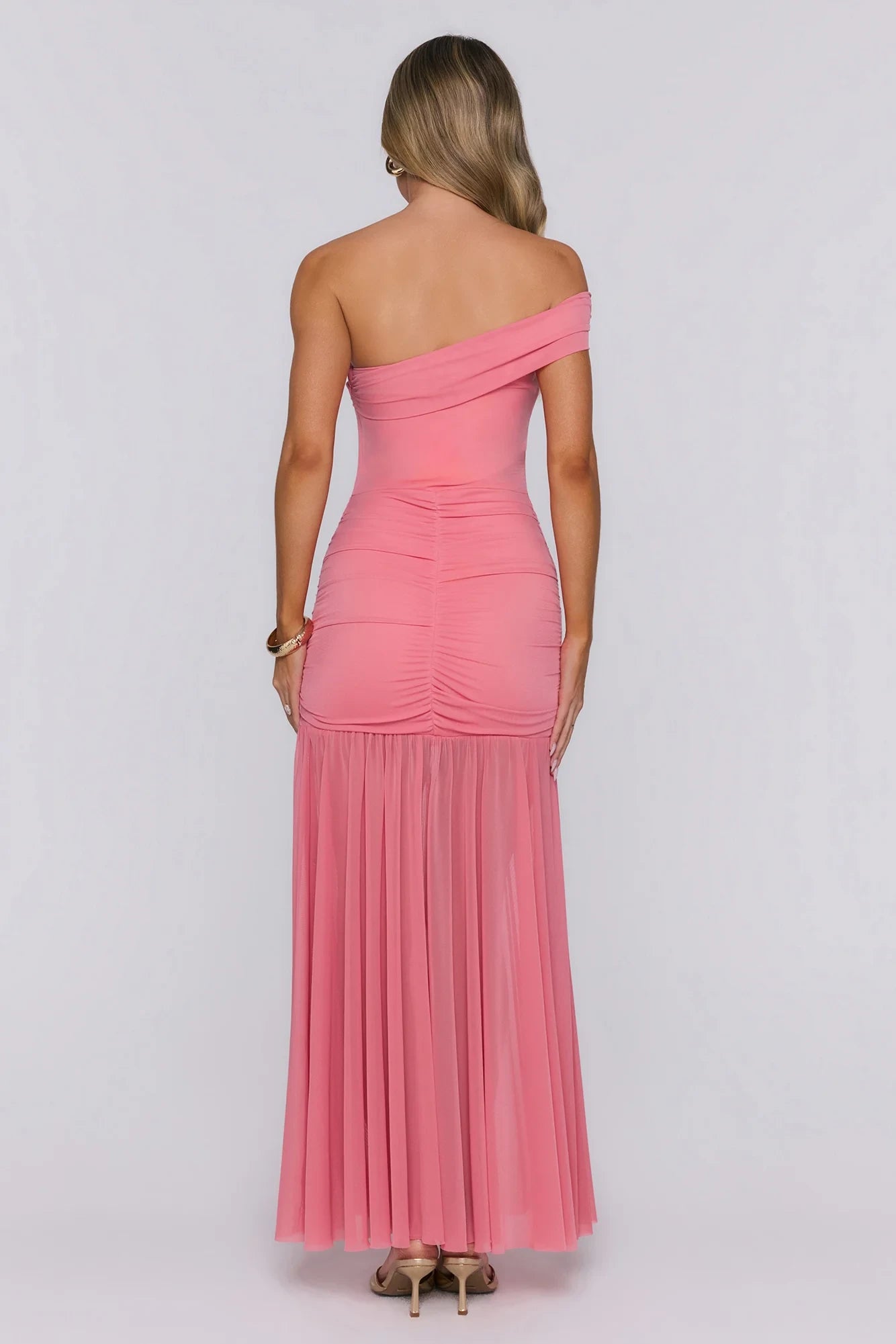 Stylish A-Line Off-Shoulder Ruched Draped Mesh Coral Pink Floor-Length Prom Dress