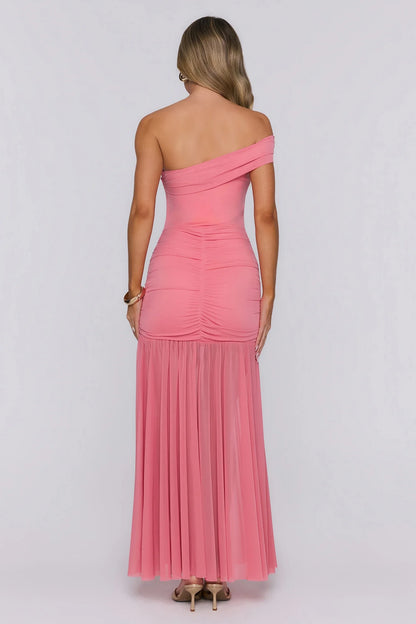 Stylish A-Line Off-Shoulder Ruched Draped Mesh Coral Pink Floor-Length Prom Dress