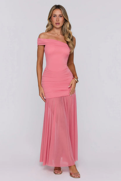 Stylish A-Line Off-Shoulder Ruched Draped Mesh Coral Pink Floor-Length Prom Dress