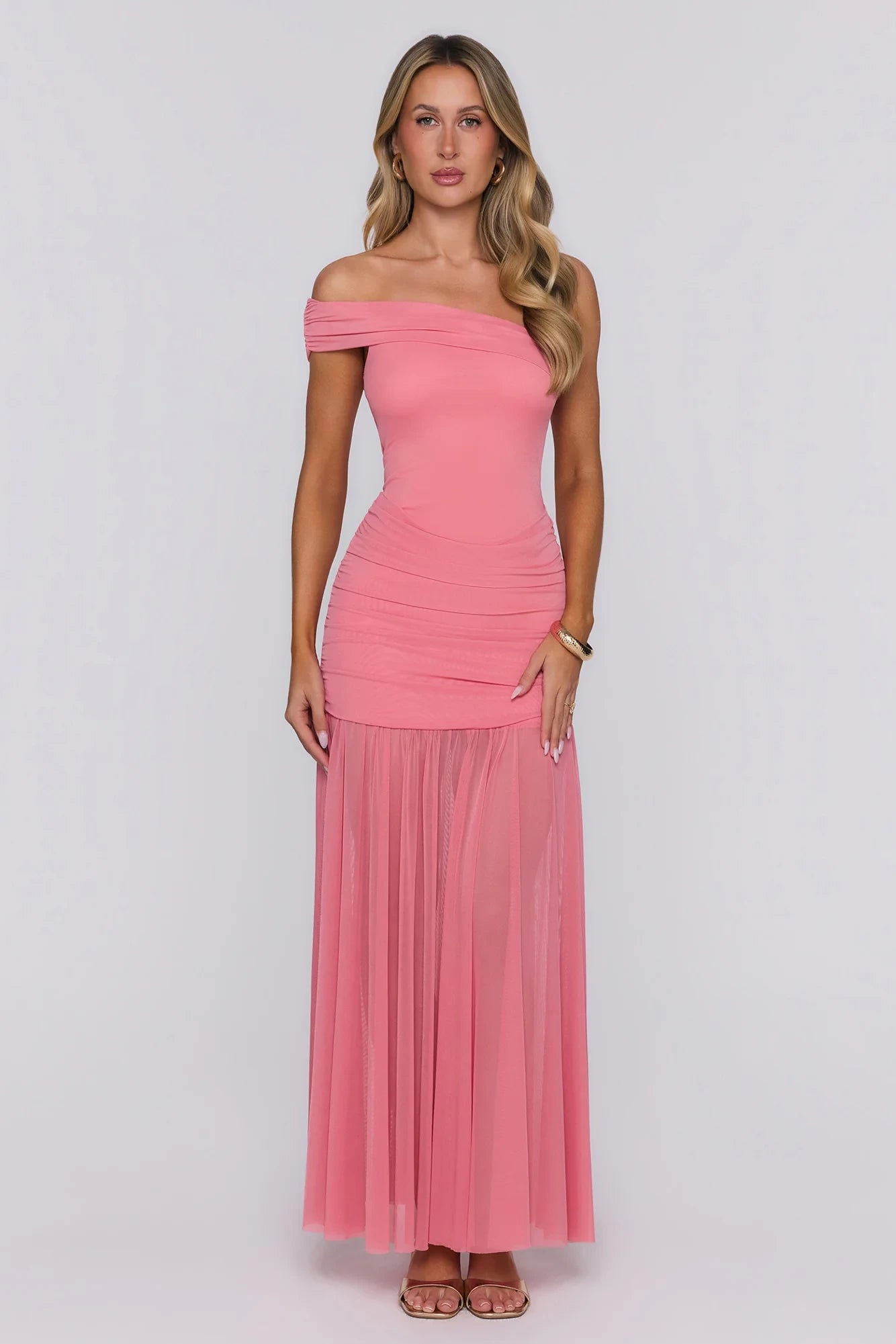 Stylish A-Line Off-Shoulder Ruched Draped Mesh Coral Pink Floor-Length Prom Dress