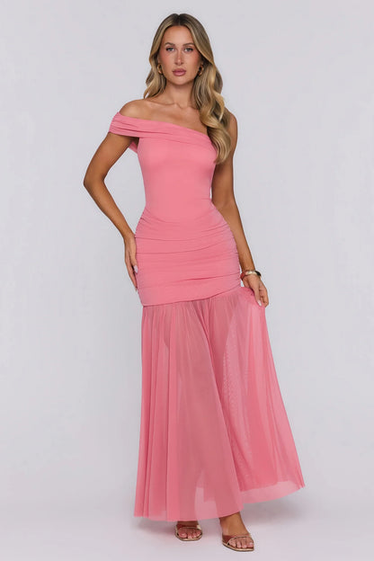 Stylish A-Line Off-Shoulder Ruched Draped Mesh Coral Pink Floor-Length Prom Dress