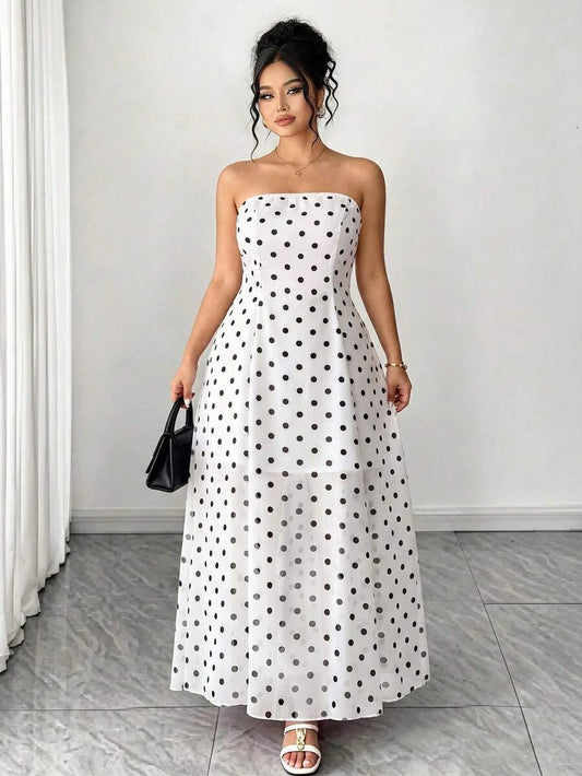 Stylish A-Line Strapless Polka Dot Flowy Chiffon White Floor-Length Prom Dress
