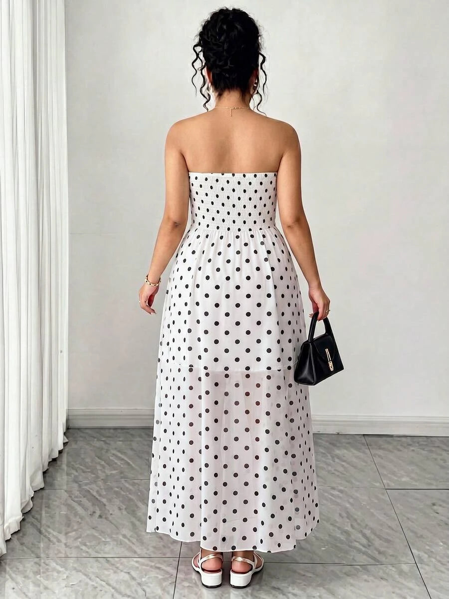 Stylish A-Line Strapless Polka Dot Flowy Chiffon White Floor-Length Prom Dress
