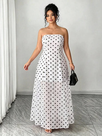 Stylish A-Line Strapless Polka Dot Flowy Chiffon White Floor-Length Prom Dress