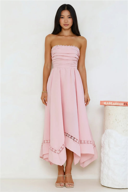 Stylish A-Line Strapless Ruched Lace Pink Midi Prom Dress With Asymmetrical Hem