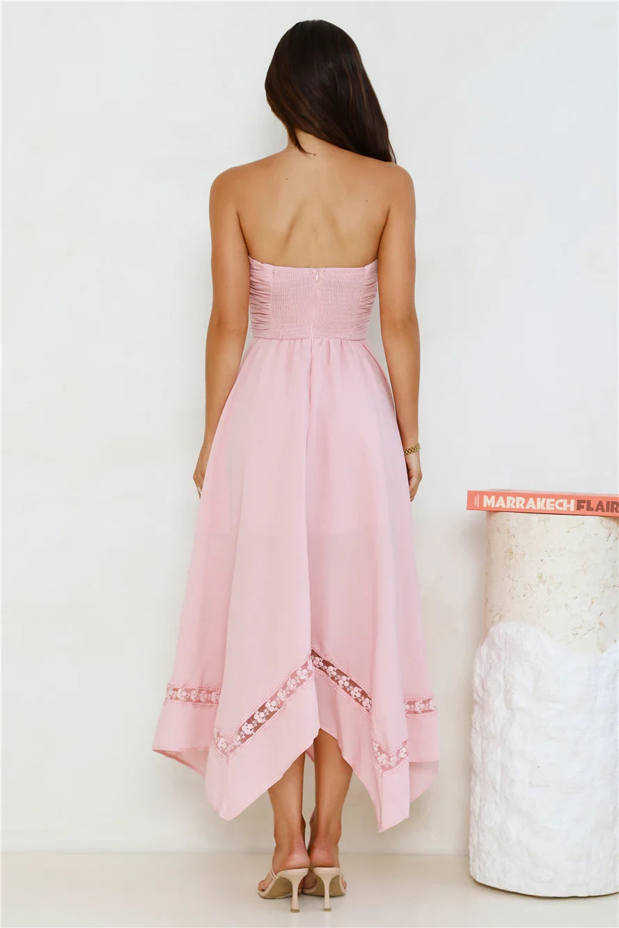 Stylish A-Line Strapless Ruched Lace Pink Midi Prom Dress With Asymmetrical Hem