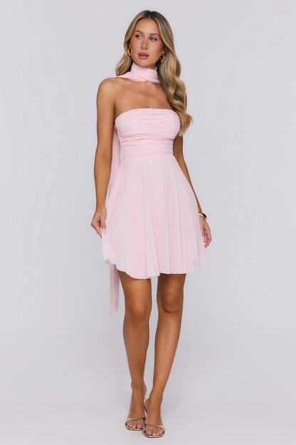 Stylish A-Line strapless pleated blush pink mini homecoming dress With Scarf