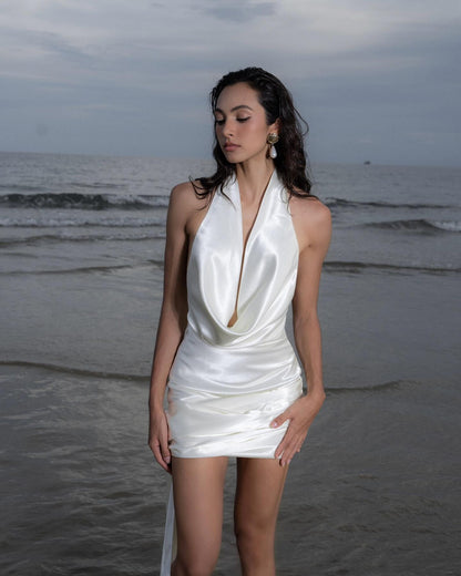 Stylish Bodycon Halter Cowl Neck Ruched Backless White Mini Homecoming Dresses