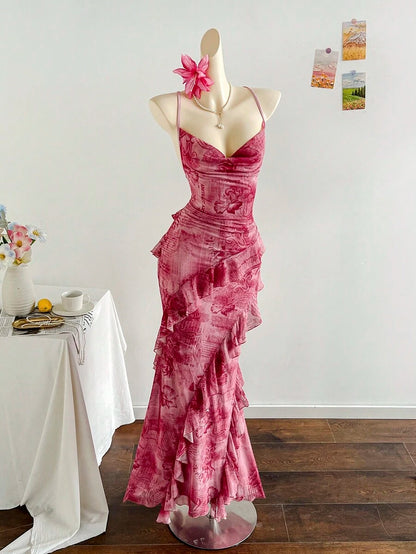 Stylish Mermaid Draped Neck Ruffled Floral Print Fuchsia Floor-Length Prom Dresses
