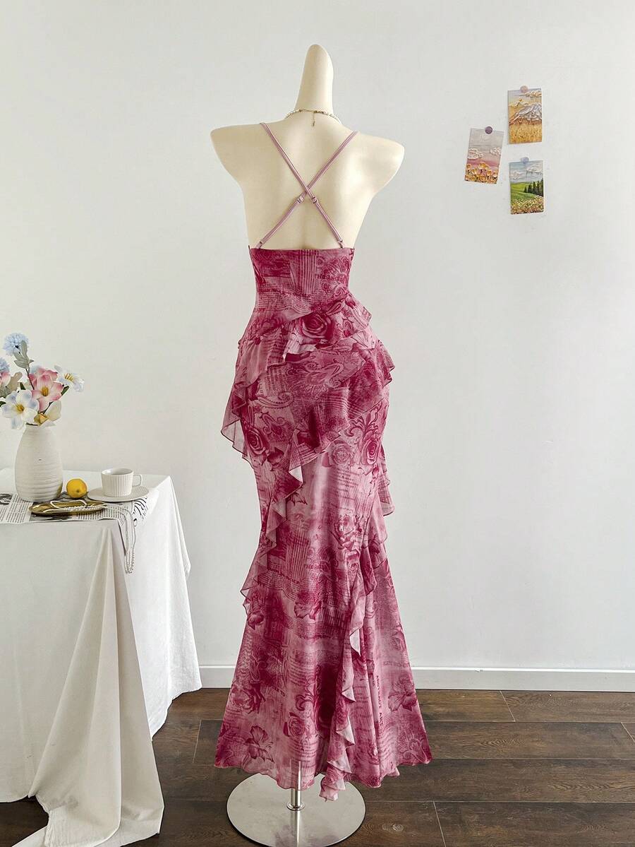 Stylish Mermaid Draped Neck Ruffled Floral Print Fuchsia Floor-Length Prom Dresses