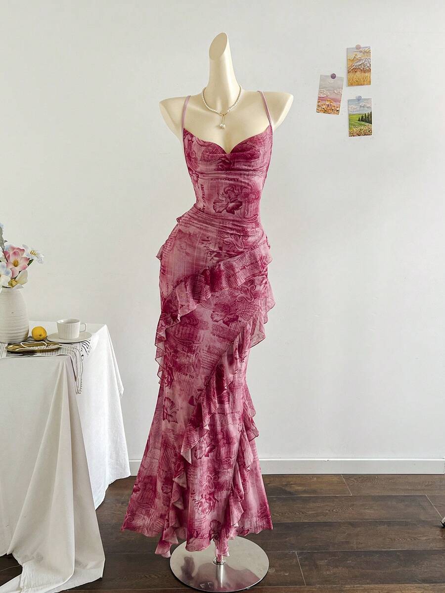 Stylish Mermaid Draped Neck Ruffled Floral Print Fuchsia Floor-Length Prom Dresses